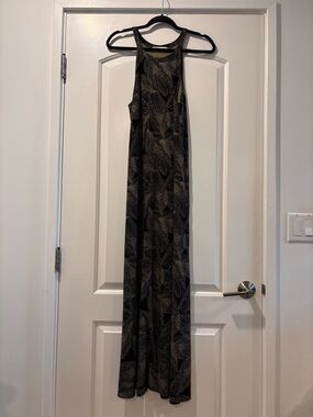 Fighting Eel Black and Gold Leaf-Print Racerback Maxi Dress